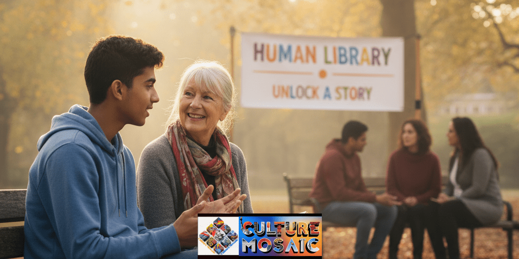 Two neighbors sharing stories during a Human Library event to build community social capital.