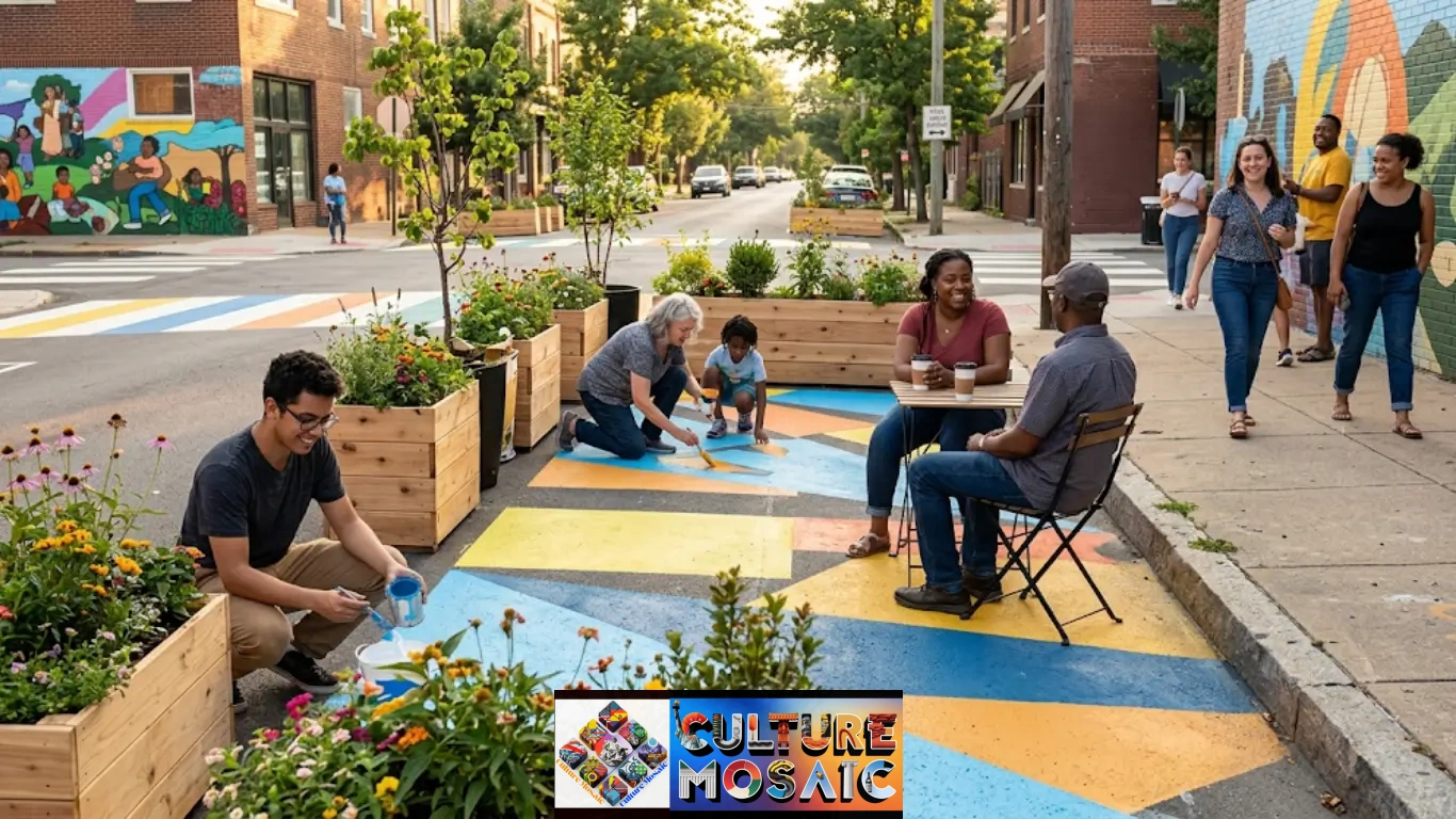 Diverse community members transforming a city street using planters and painted crosswalks, demonstrating tactical micro-civic interventions in action.