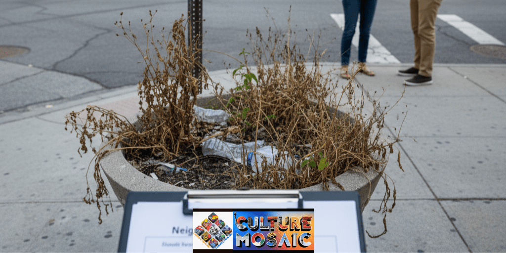 A first-person view of a neighborhood audit being conducted, using a checklist to identify micro-civic intervention opportunities.