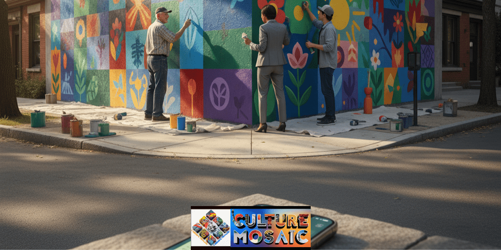 Neighbors collaborating on a street mural while using a digital community app, illustrating micro-civic intervention. Micro-Civic Interventions