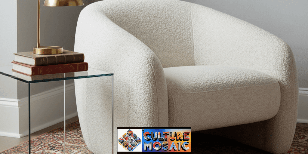 A modern cream bouclé armchair styled atop a vintage Persian rug, demonstrating the 70/30 Modern Heritage design ratio.