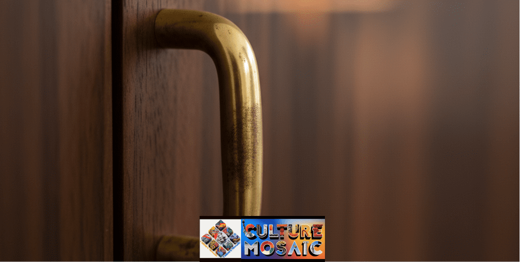 Close-up of patinated unlacquered brass hardware on a dark walnut cabinet, showing natural aging and wear.