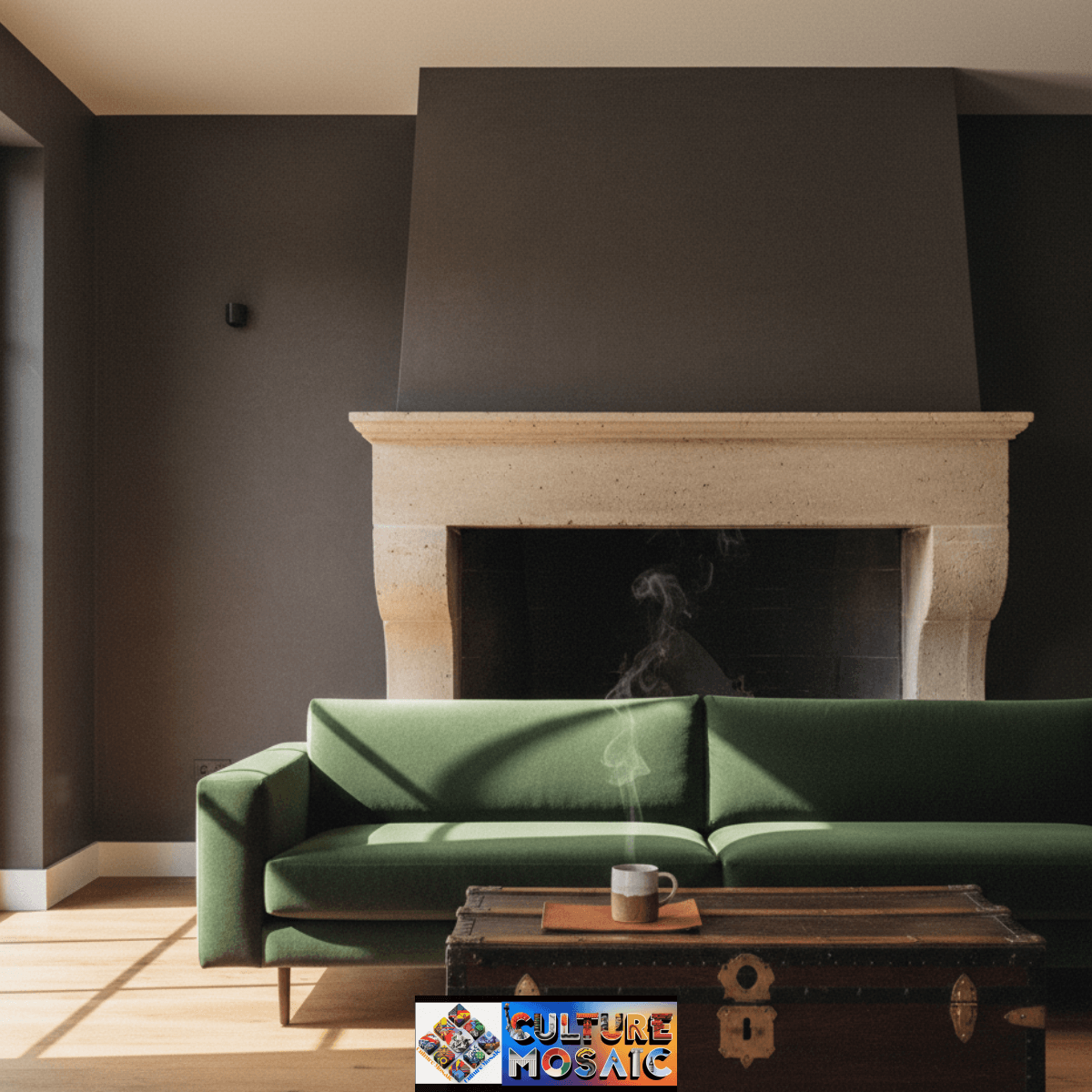 Modern Heritage Living Room, A high-end 2026 Modern Heritage living room featuring a green velvet sofa, espresso limewash walls, and an antique wooden chest coffee table.