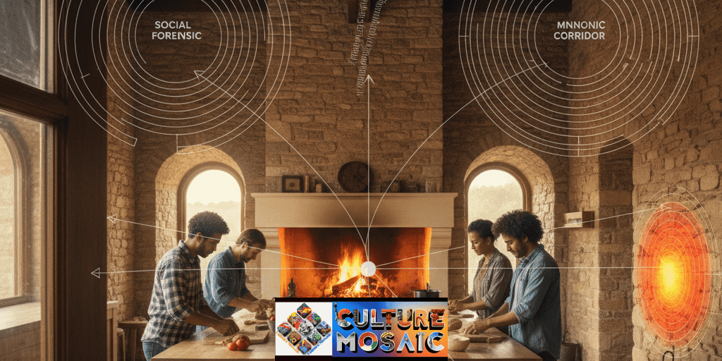 Socially Restorative Architecture. A wide-angle view of a modern stone kitchen designed for social restoration, featuring people gathering around a central hearth, with a technical architectural overlay highlighting social interaction zones.