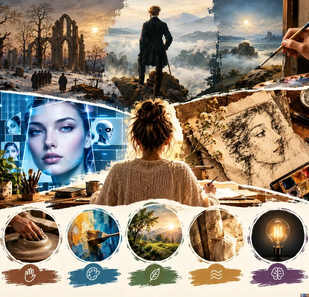 Collage contrasting AI-generated polish with human craft, featuring Caspar David Friedrich's Romantic paintings and a modern artist sketching.