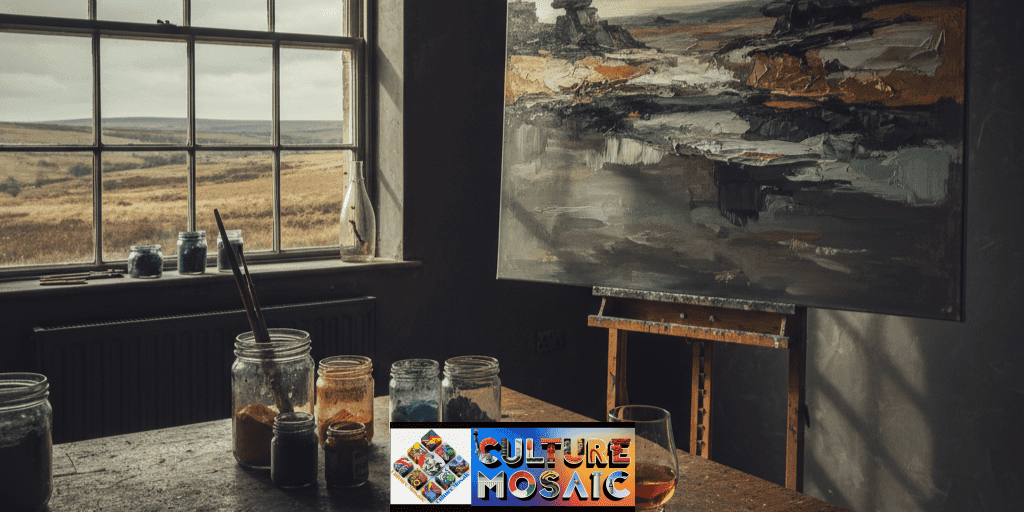 A 2026 British artist studio with raw mineral pigments, a glass of whisky, and an earthy abstract painting, illustrating the Art of Human Distillation.