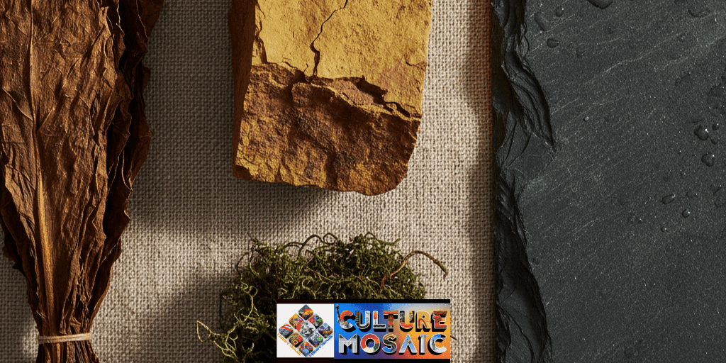 Macro shot of raw ochre, wet slate, moss, and tobacco leaves, representing the grounding Nature Distilled color palette.