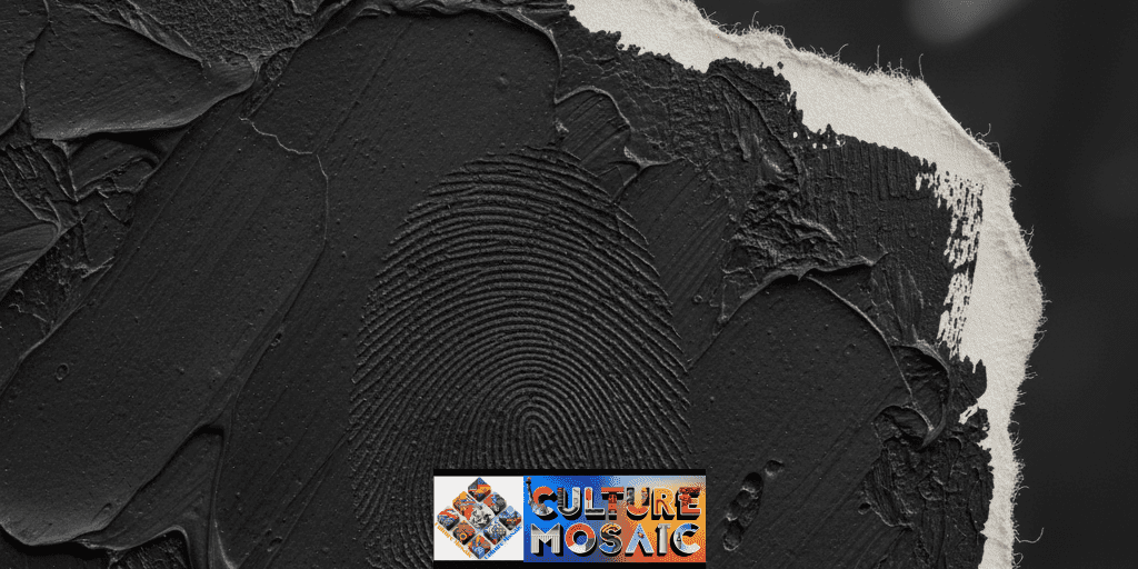 Close-up of mixed-media art showing a torn paper edge and a human fingerprint in thick paint, illustrating the Visible Seam aesthetic.