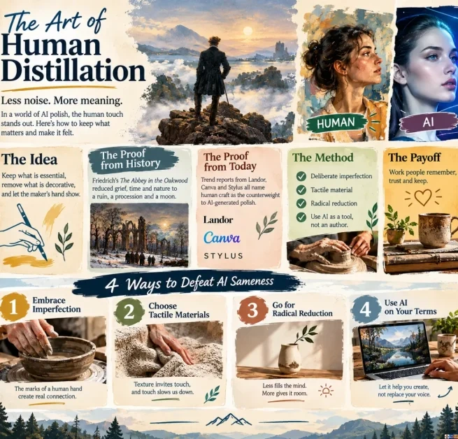 The Art of Human Distillation: Infographic outlining the 4 ways to defeat AI sameness through human distillation, tactile craft, and radical reduction