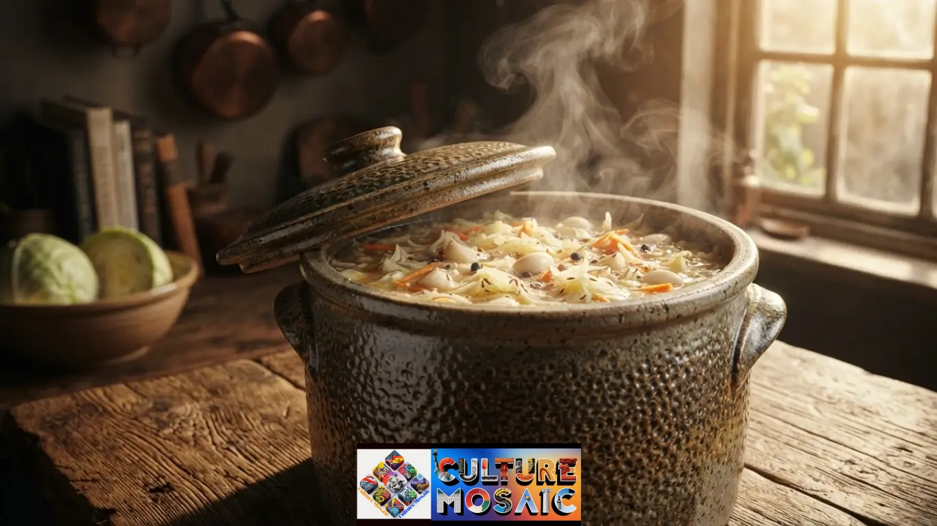 An authentic salt-glazed fermentation crock showcasing the biochemistry of salt-glaze fermentation with bubbling fermented vegetables and a distinct orange-peel ceramic glaze.