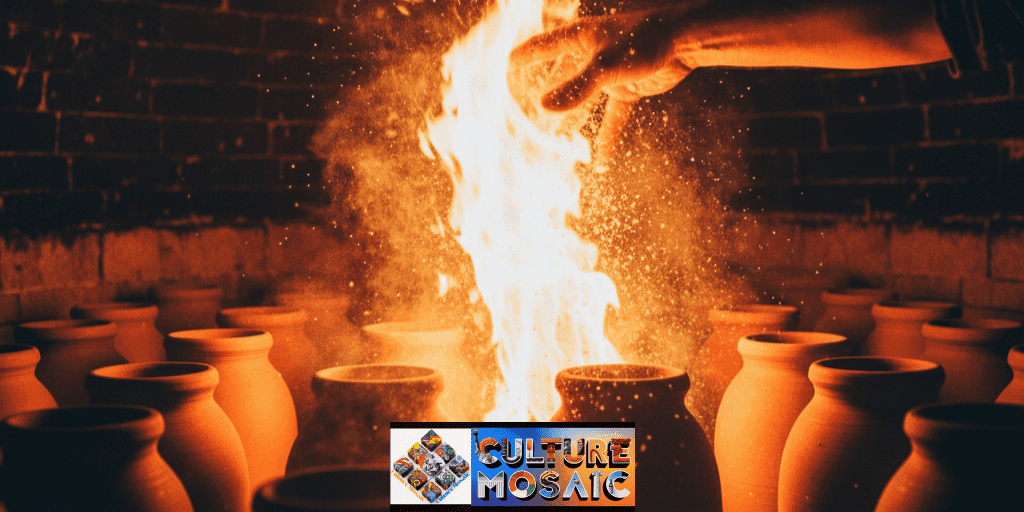 Salt vaporizing in a high-heat kiln to create a sodium silicate glaze on stoneware jars.