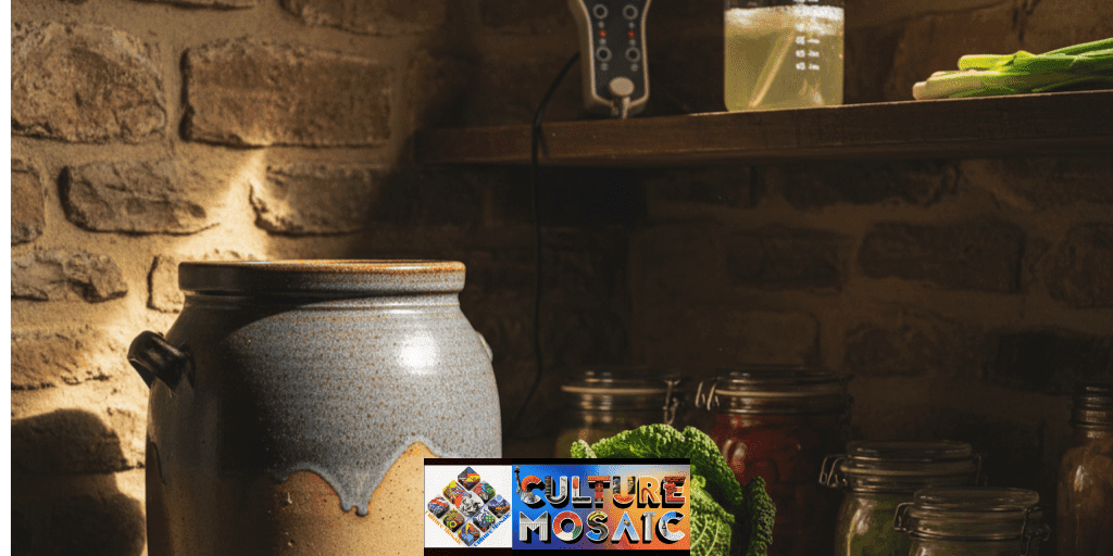 A heritage salt-glazed fermentation crock in a rustic pantry with cabbage and scientific tools, representing the intersection of craft and biochemistry.