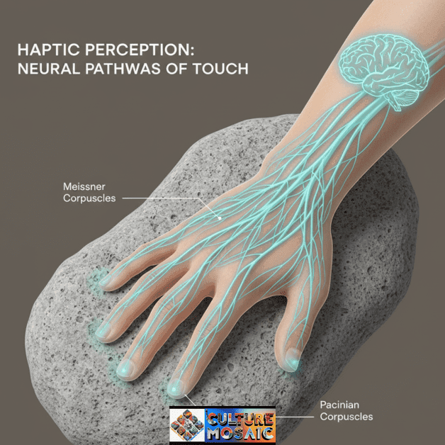 A medical-style illustration showing the neural pathways of the hand activating upon contact with a textured stone surface.