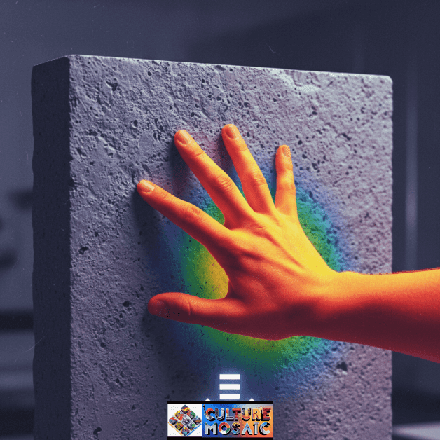A thermographic image showing the heat exchange (thermal grounding) between a warm human hand and a cold limestone block.