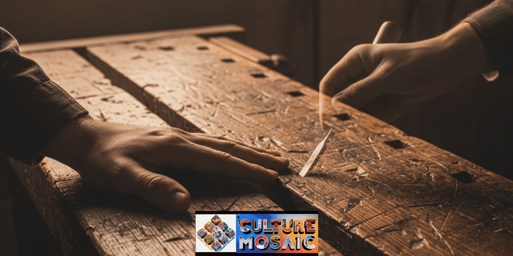 Close-up of a weathered wooden workbench showing a "patina of use," with a ghostly overlay representing the body's procedural memory.