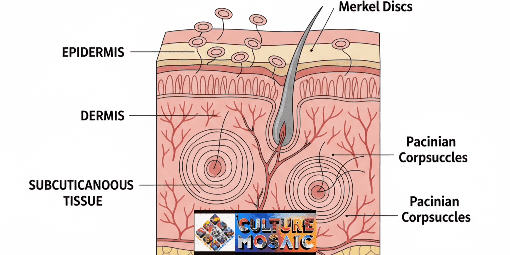 Anatomical diagram of the human skin layers identifying the location and function of Merkel discs, Meissner corpuscles, and Pacinian corpuscles.