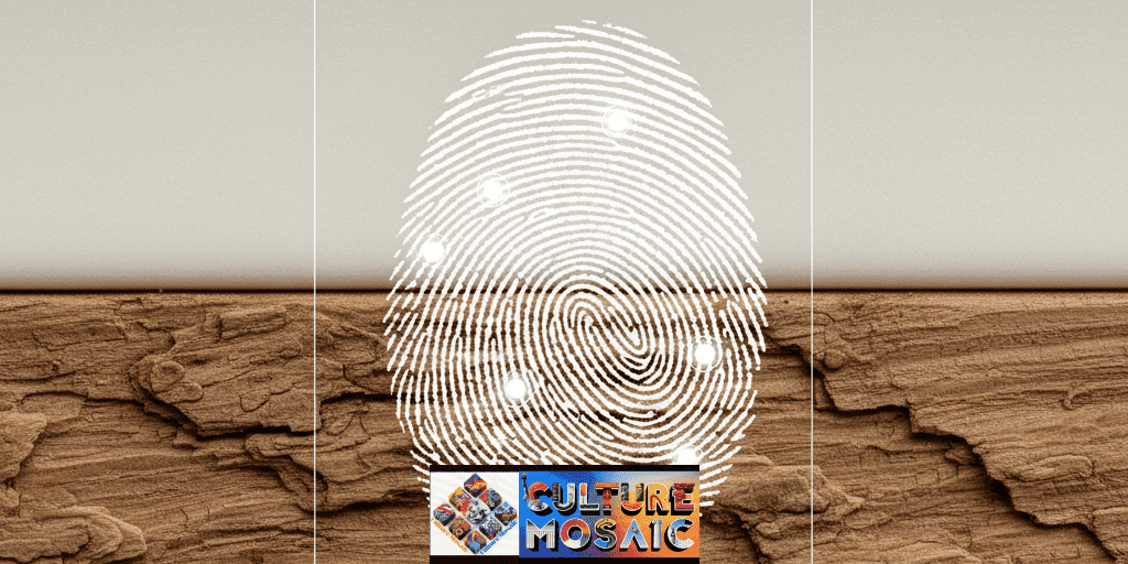 The Haptic Resonance of Raw Materials. A forensic macro comparison between synthetic plastic and natural wood grain, featuring a technical overlay of a human fingerprint and sensory receptor nodes.