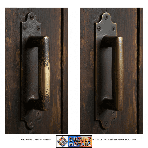 Side-by-side comparison of two metal door handles on dark wood. The left handle shows a genuine lived-in patina with asymmetrical brass polishing where hands naturally grip the metal and dark oxidation in recessed areas. The right handle is an artificially distressed reproduction with uniform, matte coloration and non-directional surface wear that lacks the characteristic evidence of human touch.