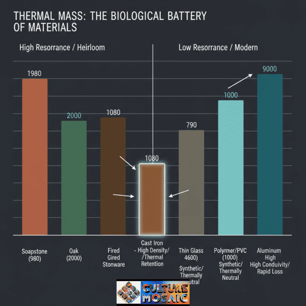 A forensic infographic bar chart comparing the thermal mass and specific heat capacity of heirloom materials like soapstone and oak against modern synthetics and thin glass.