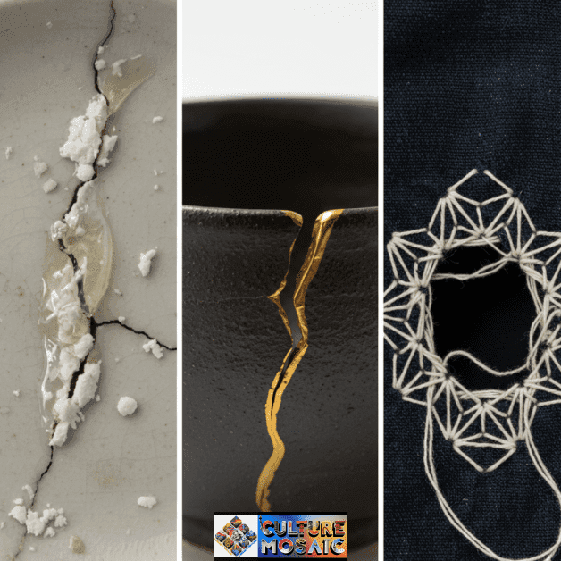 A three-panel comparison showing a poorly concealed glue repair on a ceramic plate, a Kintsugi gold-lacquered repair on a stoneware bowl, and white Sashiko geometric stitching on indigo fabric.