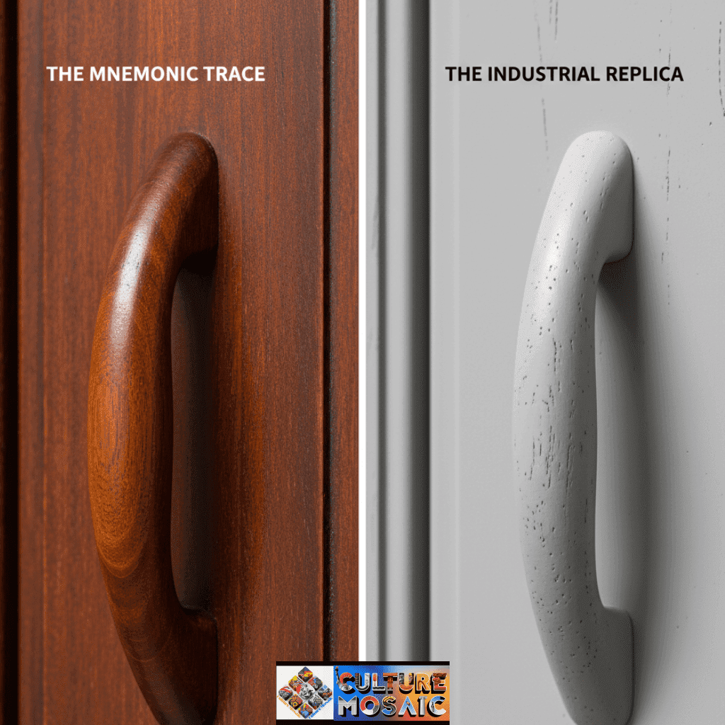 The Mnemonic Trace of Heirloom Objects. A side-by-side comparison of a genuine 100-year-old wood handle showing asymmetrical wear and natural patina versus a modern artificially distressed handle with uniform, repetitive surface scratches.
