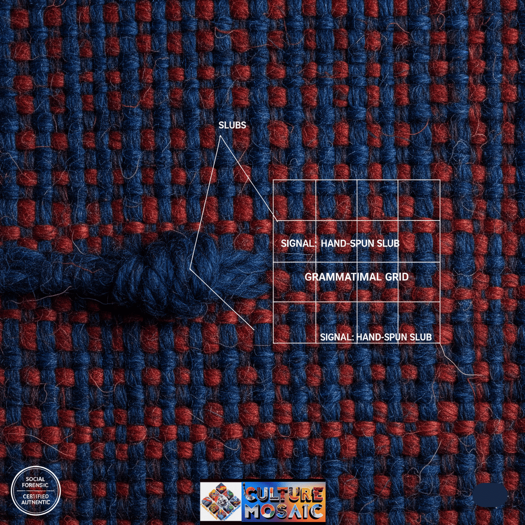 Macro forensic photograph of hand-woven indigo textile with technical annotations identifying slubs and the Tactile Lexicon of Woven Identity.