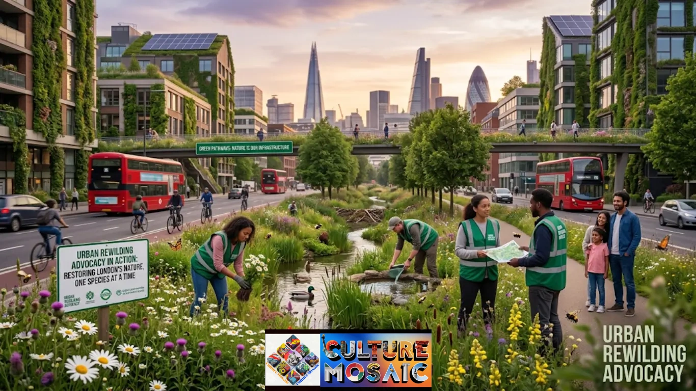Urban Rewilding Advocacy: Bringing Nature Back to Britain's Cities A vibrant photograph capturing a community-led urban rewilding project transforming a busy London street into a flourishing nature reserve. Volunteers plant wildflowers, and a restored waterway flows alongside historic London infrastructure like red double-decker buses, bicycles, and the iconic skyline.