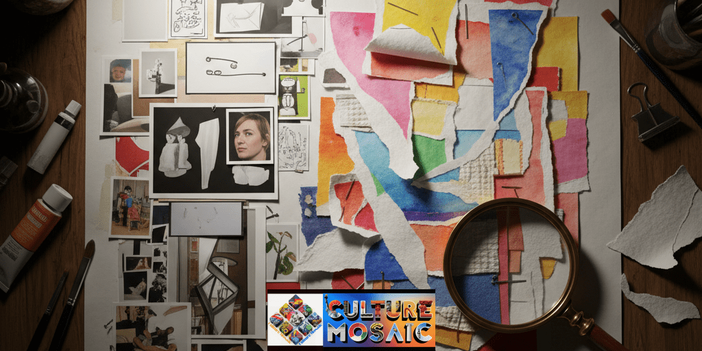 A side-by-side comparison on an artist's desk showing the difference between a flat, seamless collage and a dimensional, fragmented collage with expressive visible edges.