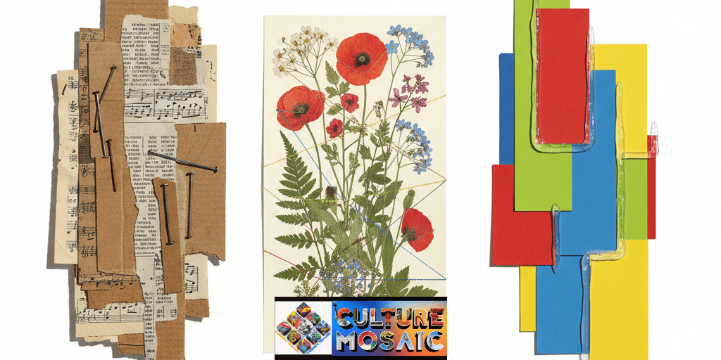 A three-part visual guide showcasing Brutalist, Botanical, and Geometric Modernist styles of fragmented collage art.