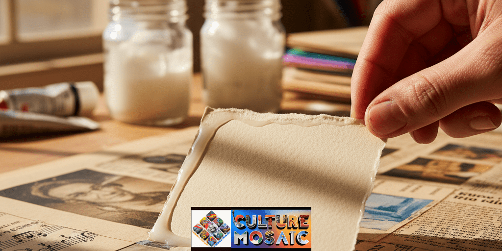 Macro shot of a hand layering textured paper in a fragmented collage, highlighting the 3D shadows and physical edges of the visible seams in a sunlit art studio. fragmented collage with visible seams