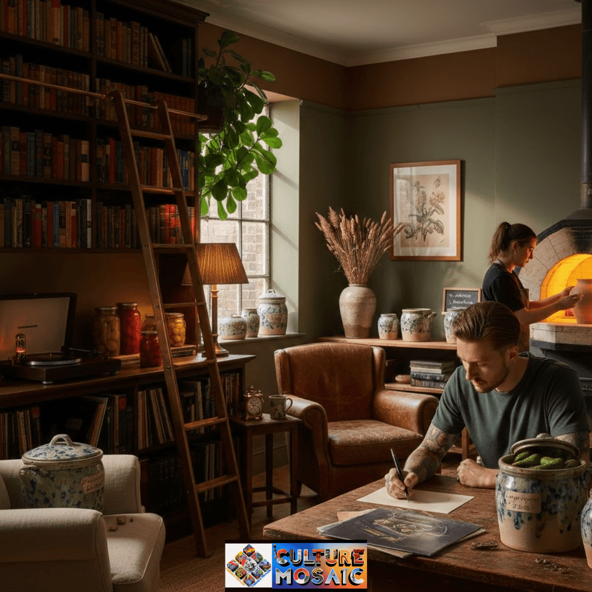 A moody, 2026-style British living room featuring floor-to-ceiling bookshelves with a rolling ladder, a man writing with a fountain pen, and traditional salt-glazed pickle crocks.