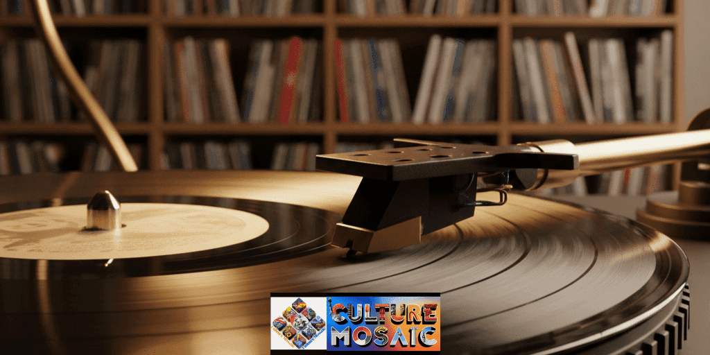 A vinyl record player needle drop in an Analogue Maximalist room filled with books and records.