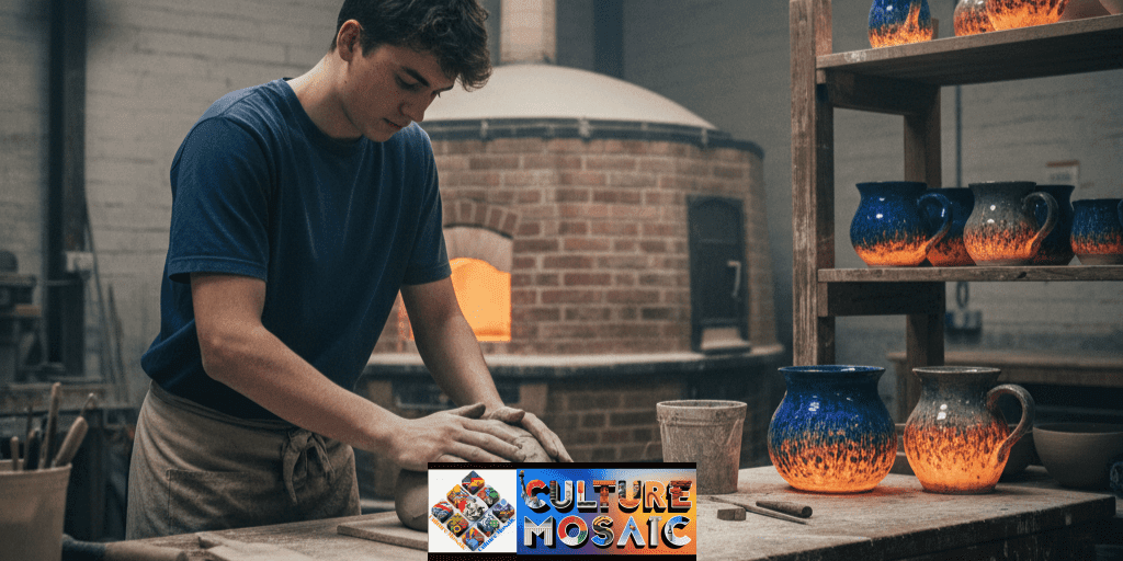 A young British artisan practicing traditional salt-glaze pottery in a Midlands workshop.