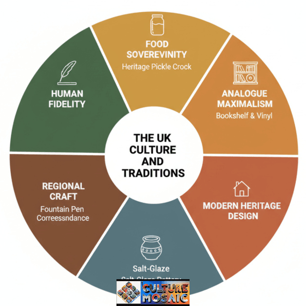 Diagram showing the five pillars of the UK culture and traditions in 2026 as a Living Heritage Wheel.