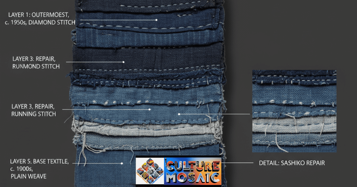 Cross-section analysis of Japanese boro textile showing multiple repair campaigns from 1850-1920 for textile archaeology authentication