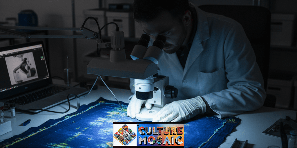 Forensic analysis of a traceable ancestral textile remnant; a textile archaeologist in white conservation gloves uses a binocular stereomicroscope to examine weave structure and natural dye degradation on a historic indigo-dyed fabric in a laboratory.