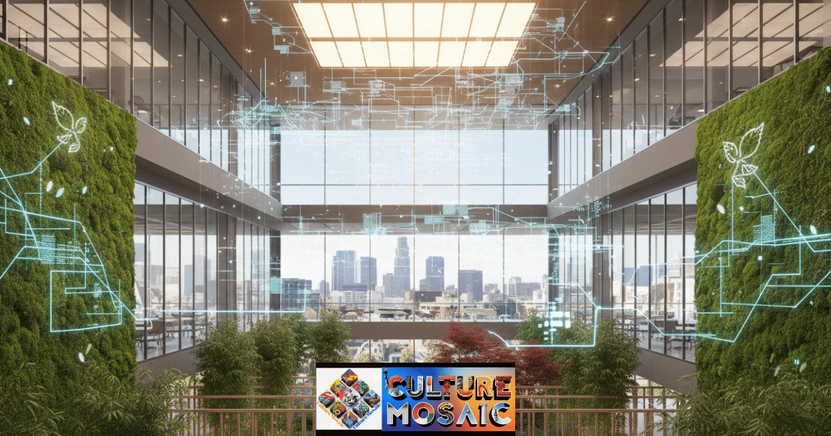 A visual map of an adaptive biophilic urbanism office design in Los Angeles. A transparent nervous system overlay shows somatic sensors, acoustic moss walls, and narrative flora connecting a workplace near NHK's studios to native California ecosystems