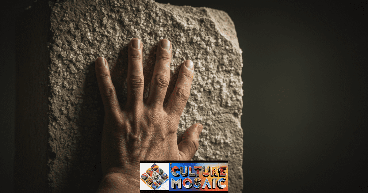 A macro photograph of a hand pressing sea salt against a weathered limestone pillar, illustrating ancestral somatic rituals 2026 by showing the physical grounding connection between skin and ancient mineral history.