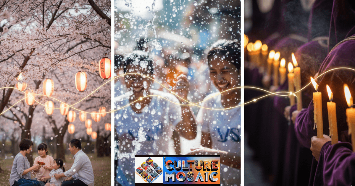 A visual collage of April events around the world. A Japanese hanami (cherry blossom) gathering is set next to a kinetic Songkran water festival in Thailand and a sacred Semana Santa procession in Seville, showing the diversity of April global cultural festivals.