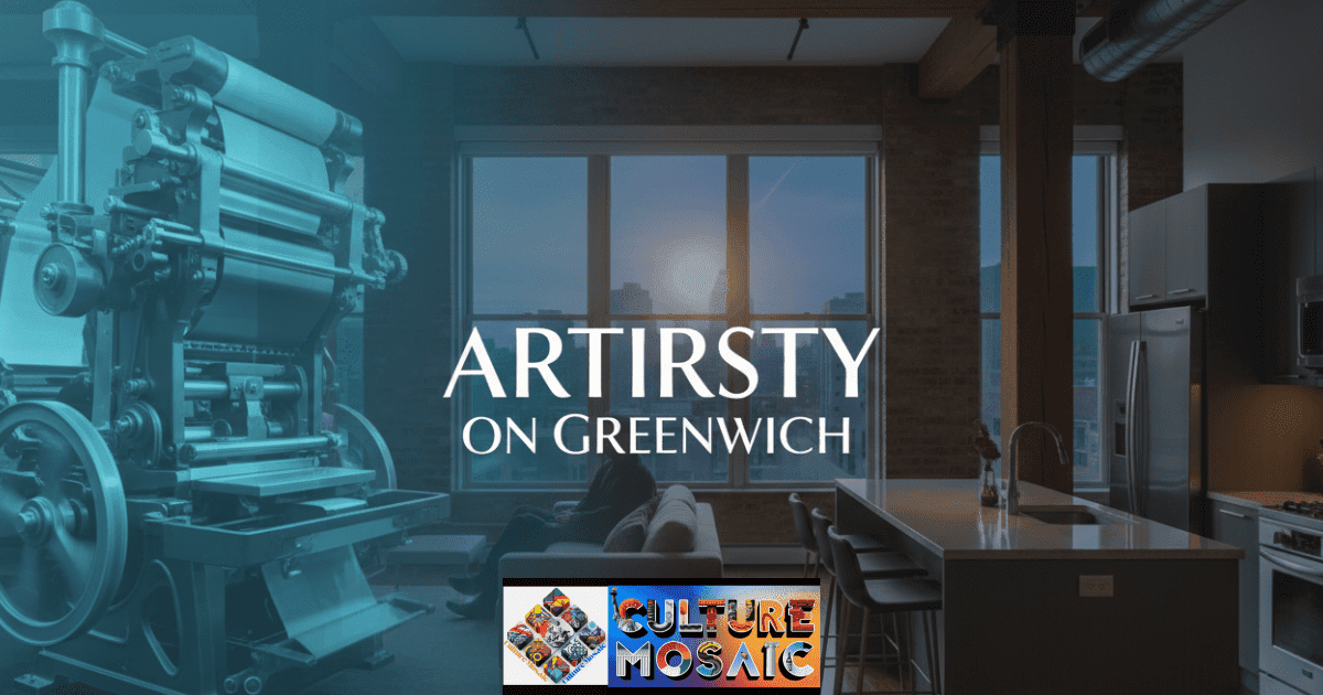 A composite cover image showing Artistry on Greenwich, a luxury apartment complex in Virginia Beach. The image visually blends the blurred movement of an antique rotary newspaper printing press (representing the site's 125-year history) with a sunlit, contemporary industrial-chic residence (representing 'presence')