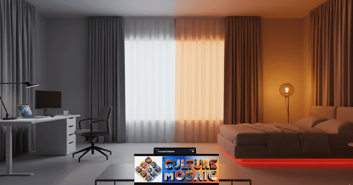 A split-screen view of circadian lighting for small modern apartments, showing the transition from cool 6500K daylight for focus to warm 2200K amber light for sleep in a studio layout.