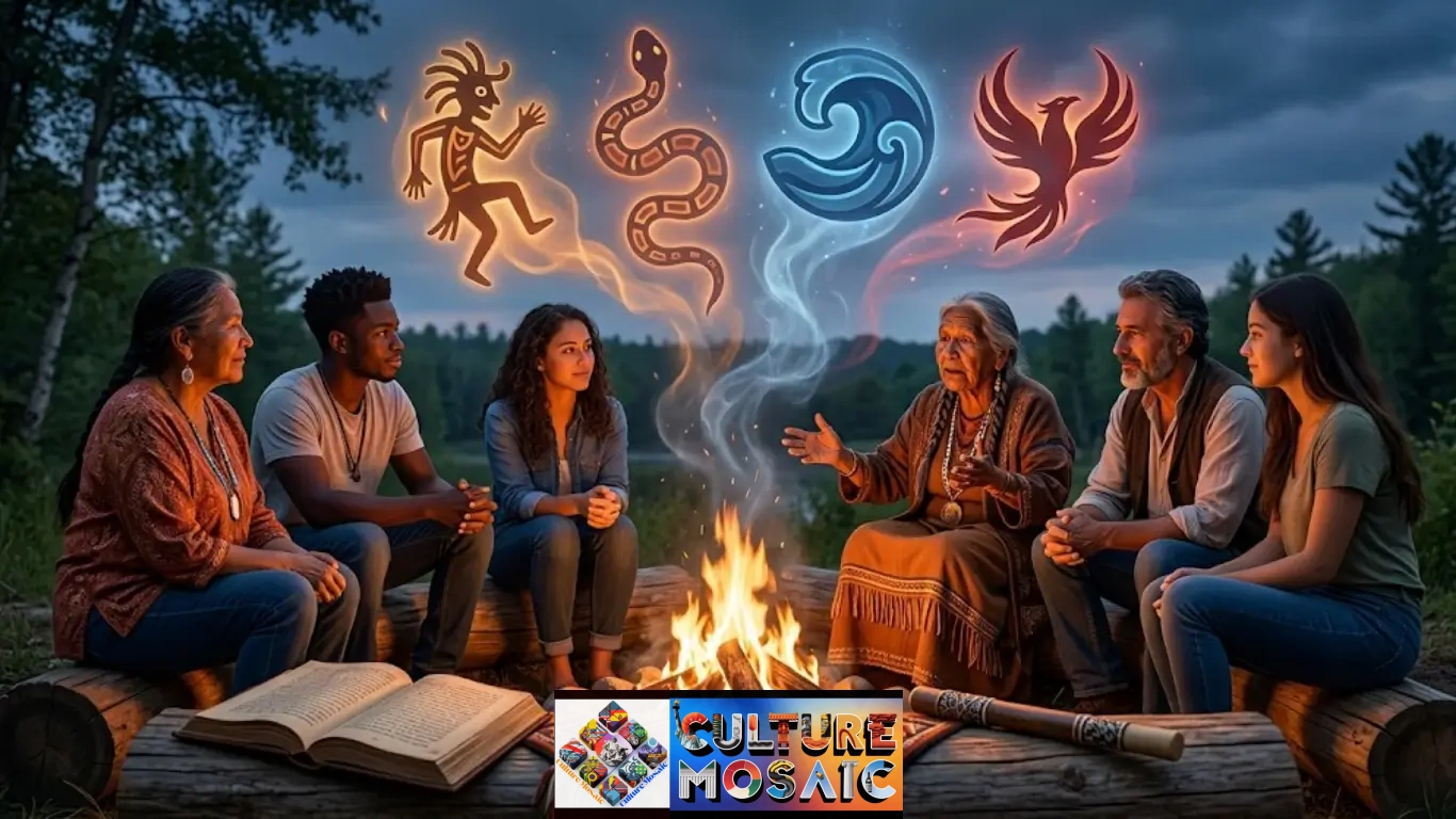 Cultural Motifs as Storytelling: A diverse group of people gather reverently around a twilight campfire, listening to an elder storyteller. Above the flames, glowing, translucent orange and blue symbols of ancient cultural motifs—including a trickster, a serpent, and a rising phoenix—manifest in the rising smoke.