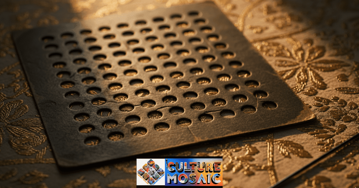 A macro photograph of an antique loom punch card resting on silk brocade fabric, illustrating cultural motifs as storytelling through the literal "binary code" of historical textile patterns.