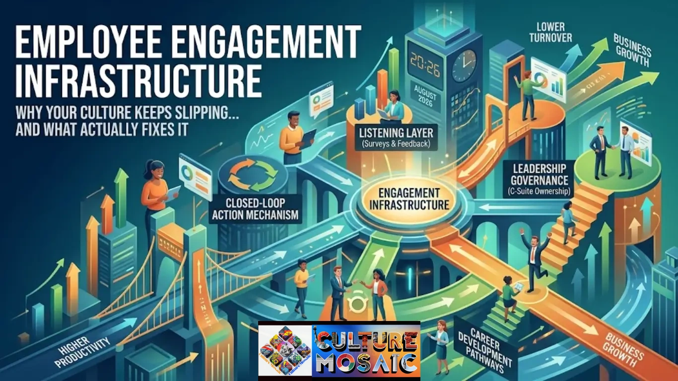 A detailed isometric visualization of "Employee Engagement Infrastructure," showing a central hub connecting key functions like feedback, recognition, action loops, and career development, all driving outcomes like productivity and business growth.