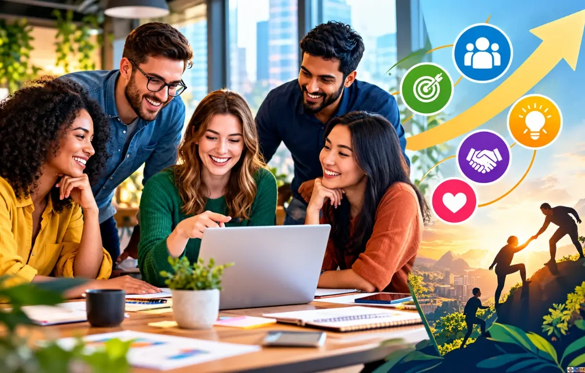 A diverse team of colleagues collaborating around a laptop in a modern office, alongside graphic icons representing goal setting, teamwork, innovation, partnership, and growth.