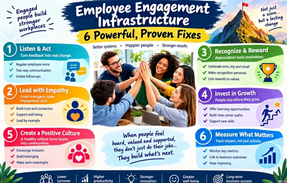 Infographic titled 'Employee Engagement Infrastructure: 6 Powerful, Proven Fixes' showing a central photo of diverse colleagues high-fiving, surrounded by numbered blocks for Listen & Act, Lead with Empathy, Recognize & Reward, Invest in Growth, Create a Positive Culture, and Measure What Matters.