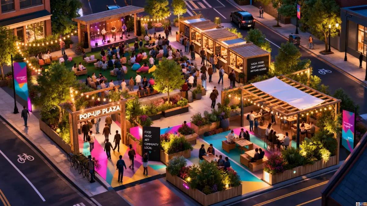 An aerial view of an illuminated pop-up plaza showcasing ephemeral social infrastructure with outdoor seating, a live music stage, and market stalls.