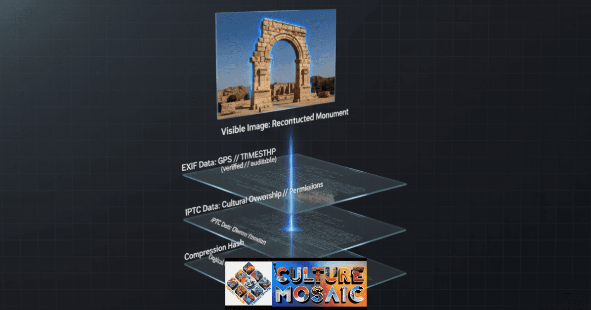 Cross-section diagram showing the visible image layer and the hidden metadata substrate beneath it, illustrating forensic digital storytelling provenance layers.
