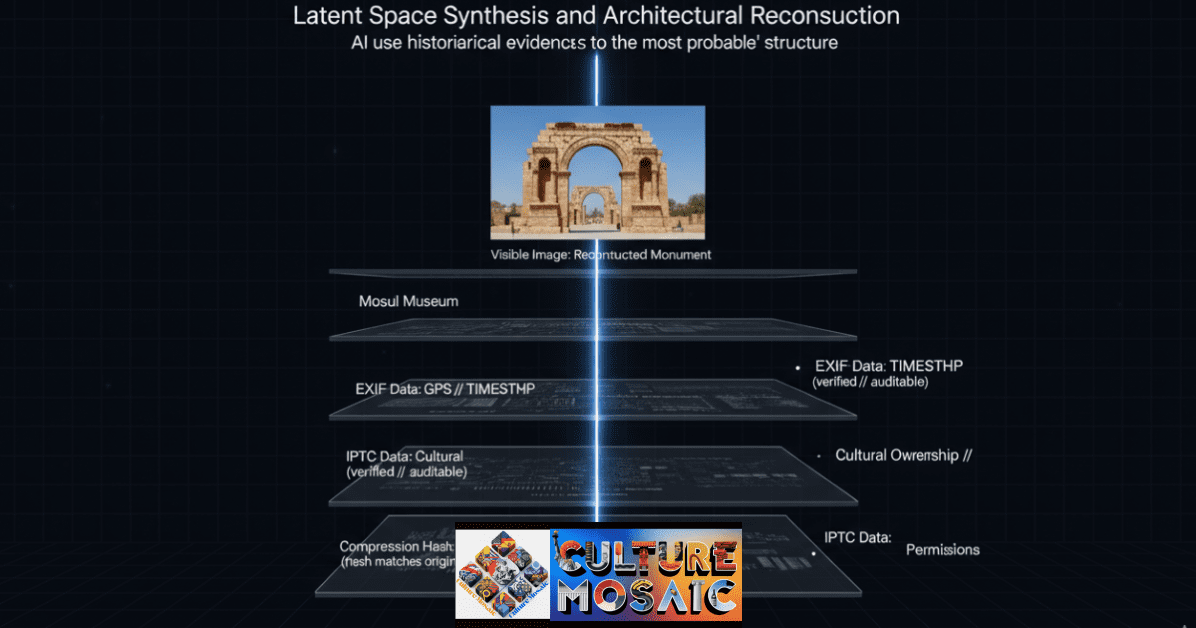 3D visualisation showing a neural network's latent space predicting the missing sections of a destroyed historical building, demonstrating AI-assisted forensic digital storytelling.
