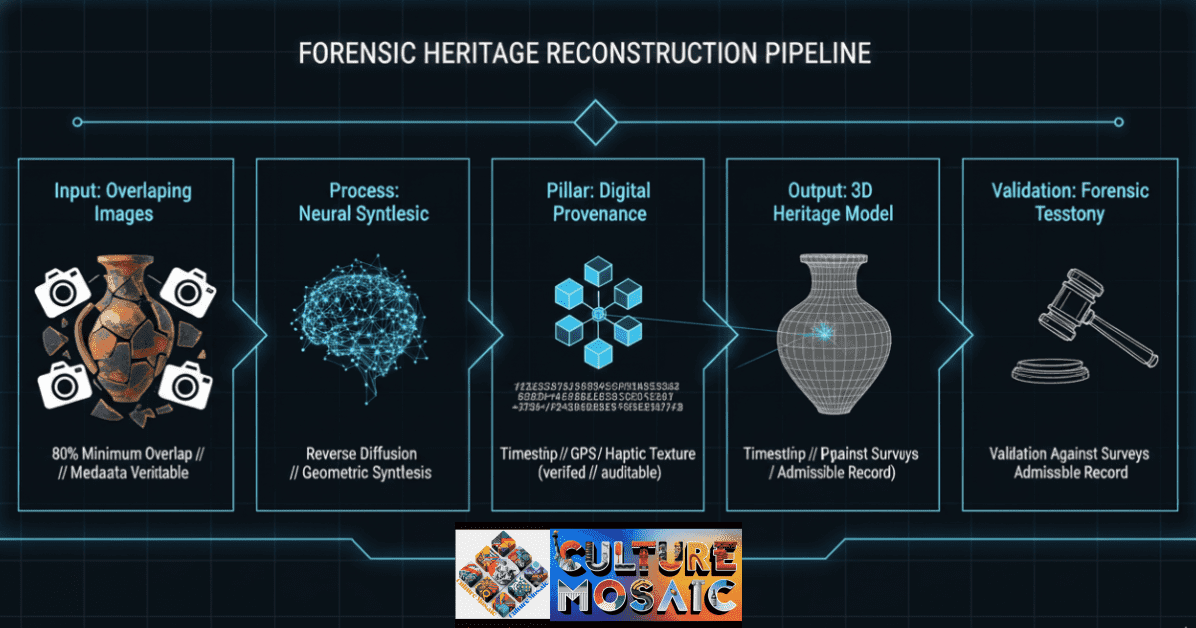 Step-by-step workflow diagram showing how overlapping photographs are processed into a dimensionally accurate 3D heritage model for forensic testimony, illustrating forensic digital storytelling methodology.